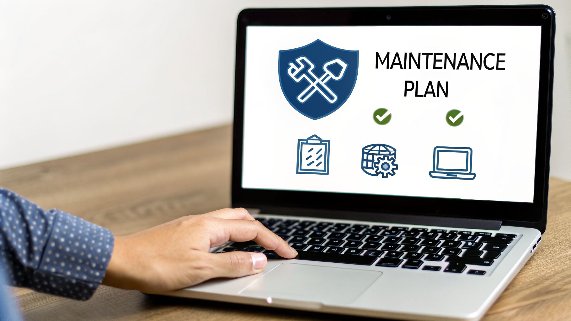 A person types on a laptop displaying a 'MAINTENANCE PLAN' with service icons.