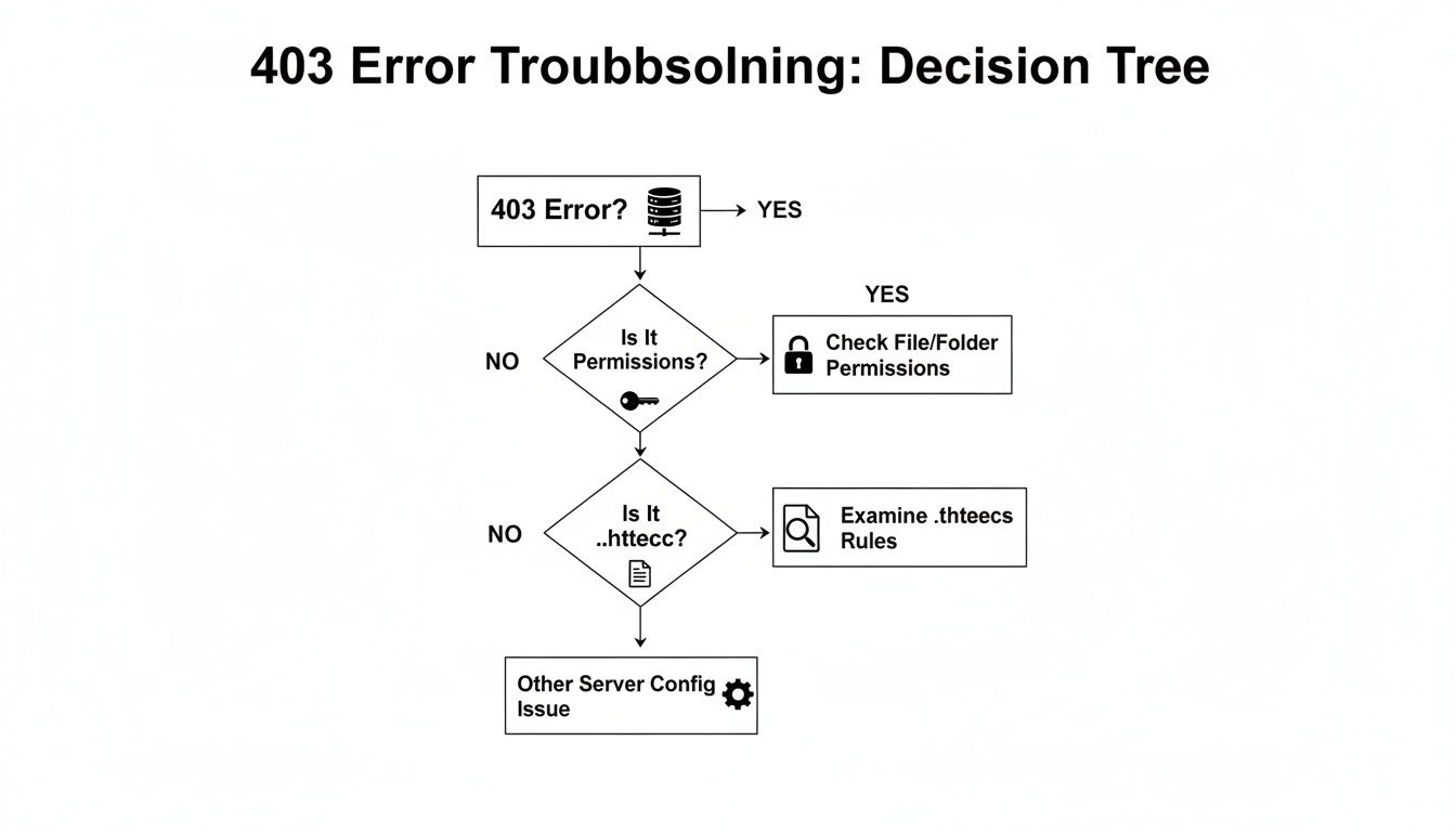 A decision tree flowchart for troubleshooting 403 Forbidden errors, detailing steps for permissions and server configurations.