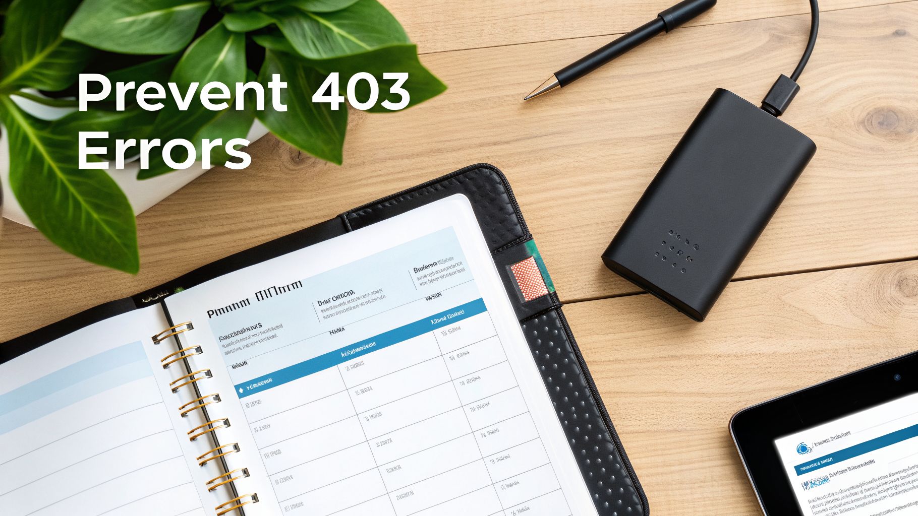 A desk with a spiral-bound planner, power bank, pen, tablet, and plant, with text 'Prevent 403 Errors'.