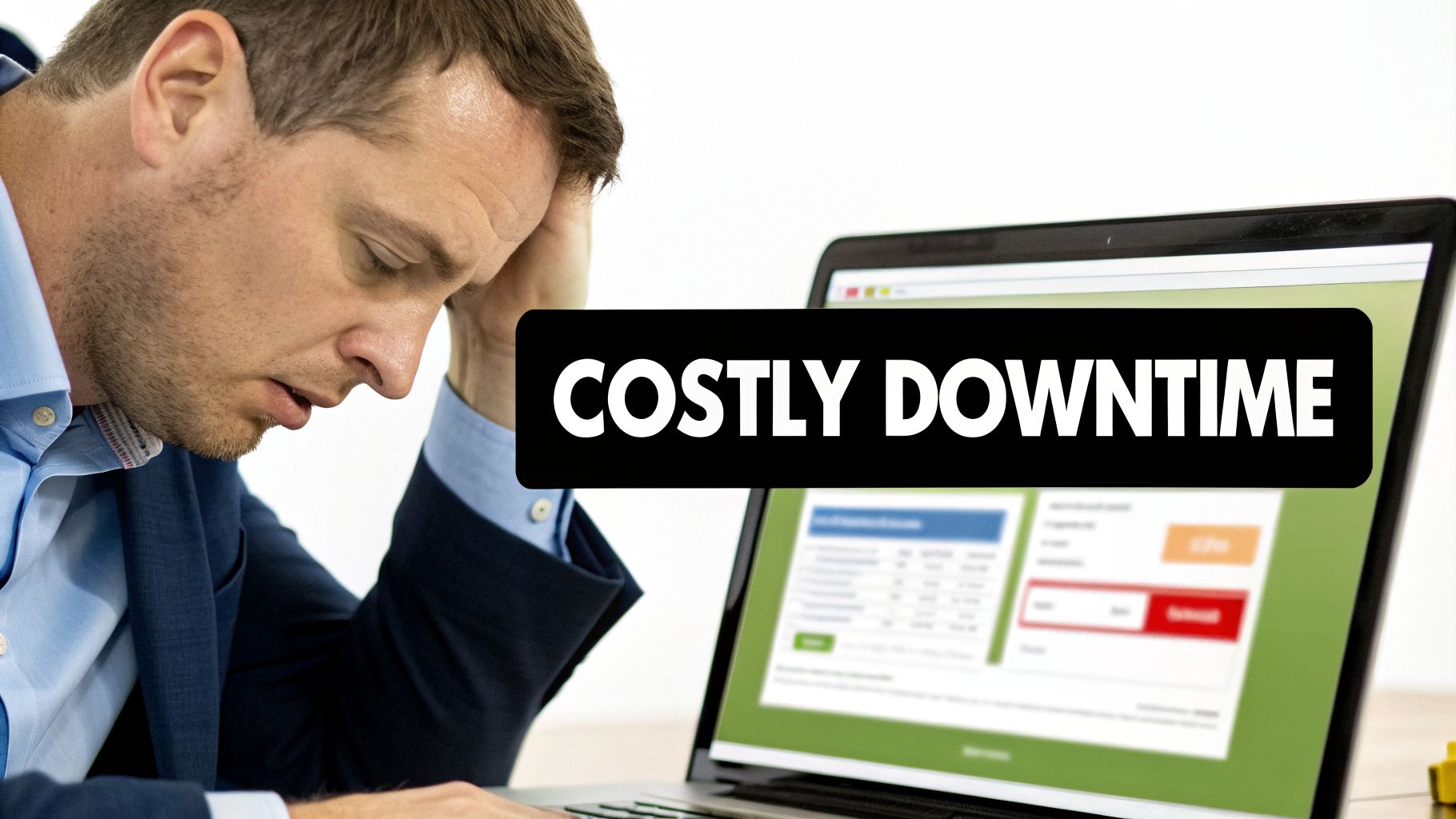 A man looks stressed over a laptop displaying 'COSTLY DOWNTIME', indicating business interruption.