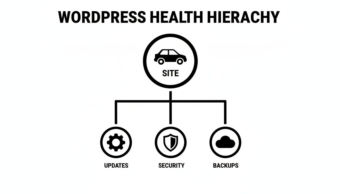 A diagram illustrating the WordPress Health Hierarchy, showing Site, Updates, Security, and Backups.