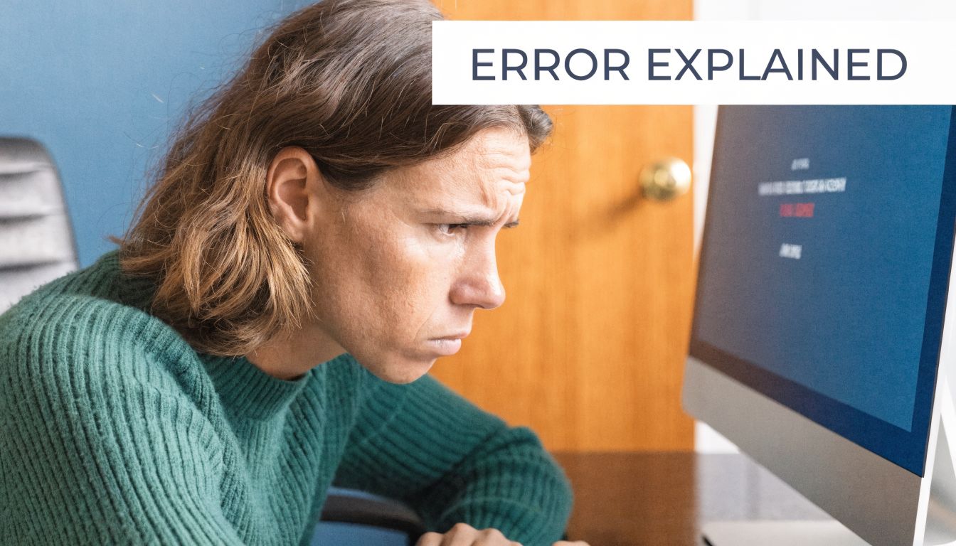 A concerned person wearing a green sweater looks intently at a computer screen displaying an error message.