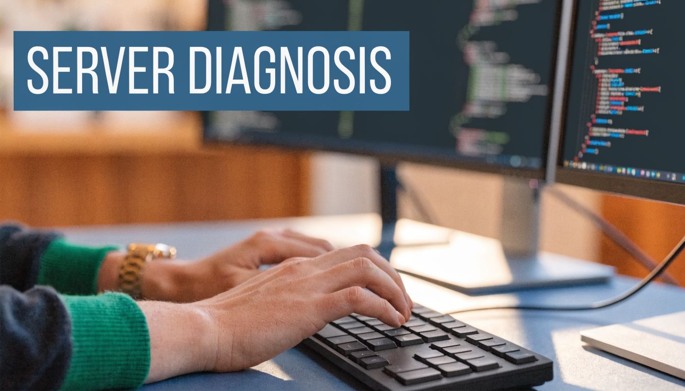 A developer typing on a keyboard in front of dual monitors showing complex server code.