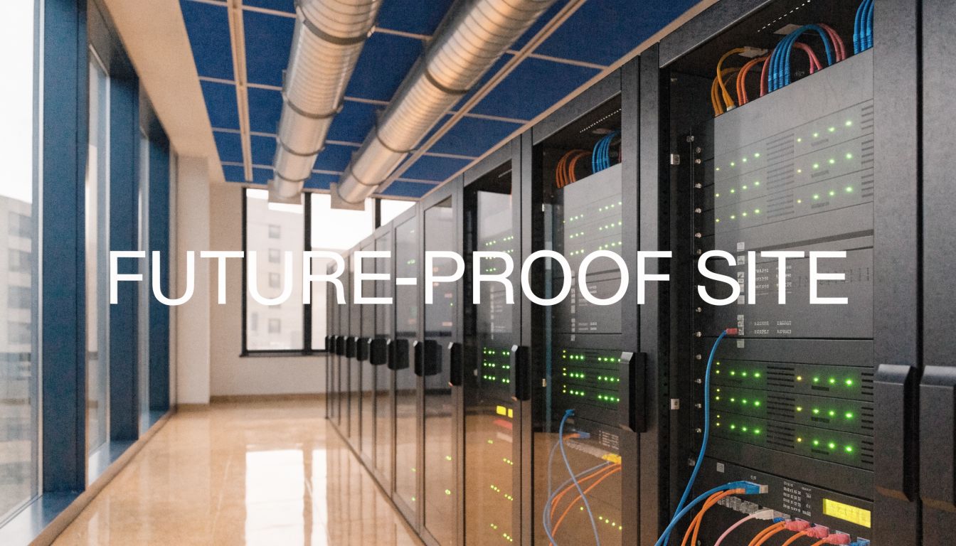 A rows of server racks in a modern data center with blue ceiling panels and windows.