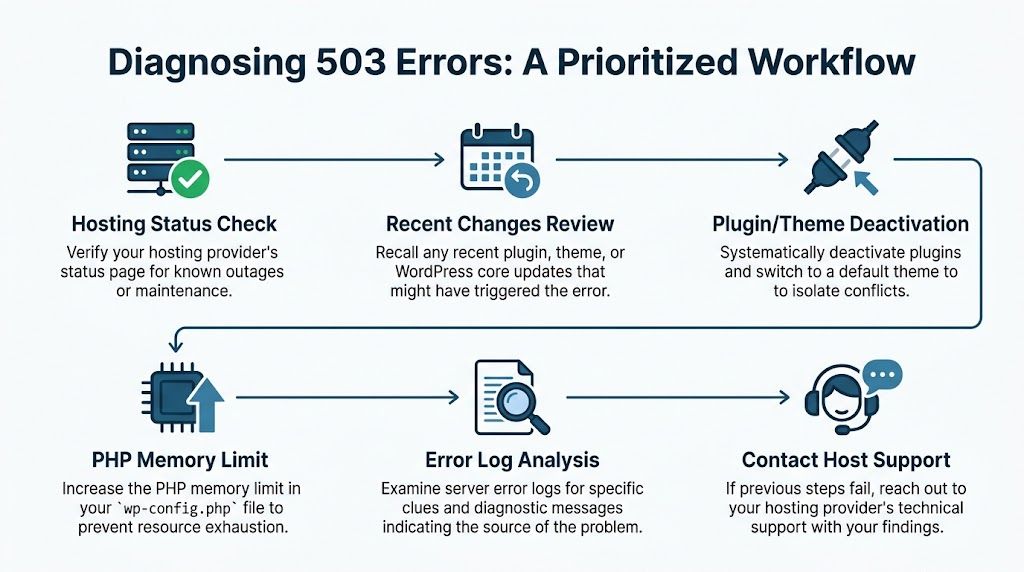 A flowchart infographic showing a step-by-step workflow for diagnosing a 503 Service Unavailable error on websites.