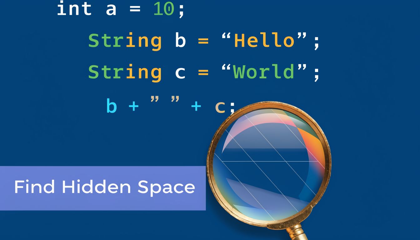 A magnifying glass inspecting code showing a space between two quotation marks on a blue background.