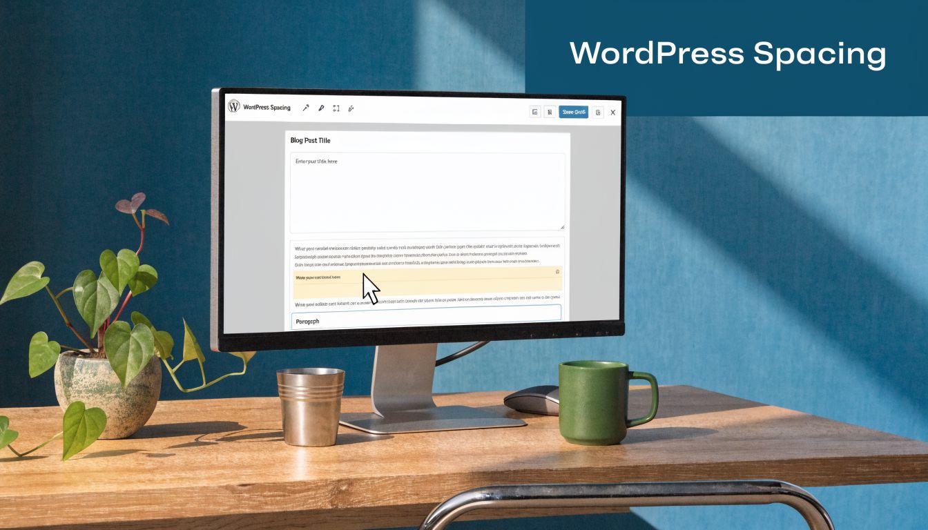 A computer monitor showing the WordPress block editor on a desk with a plant and a coffee mug.