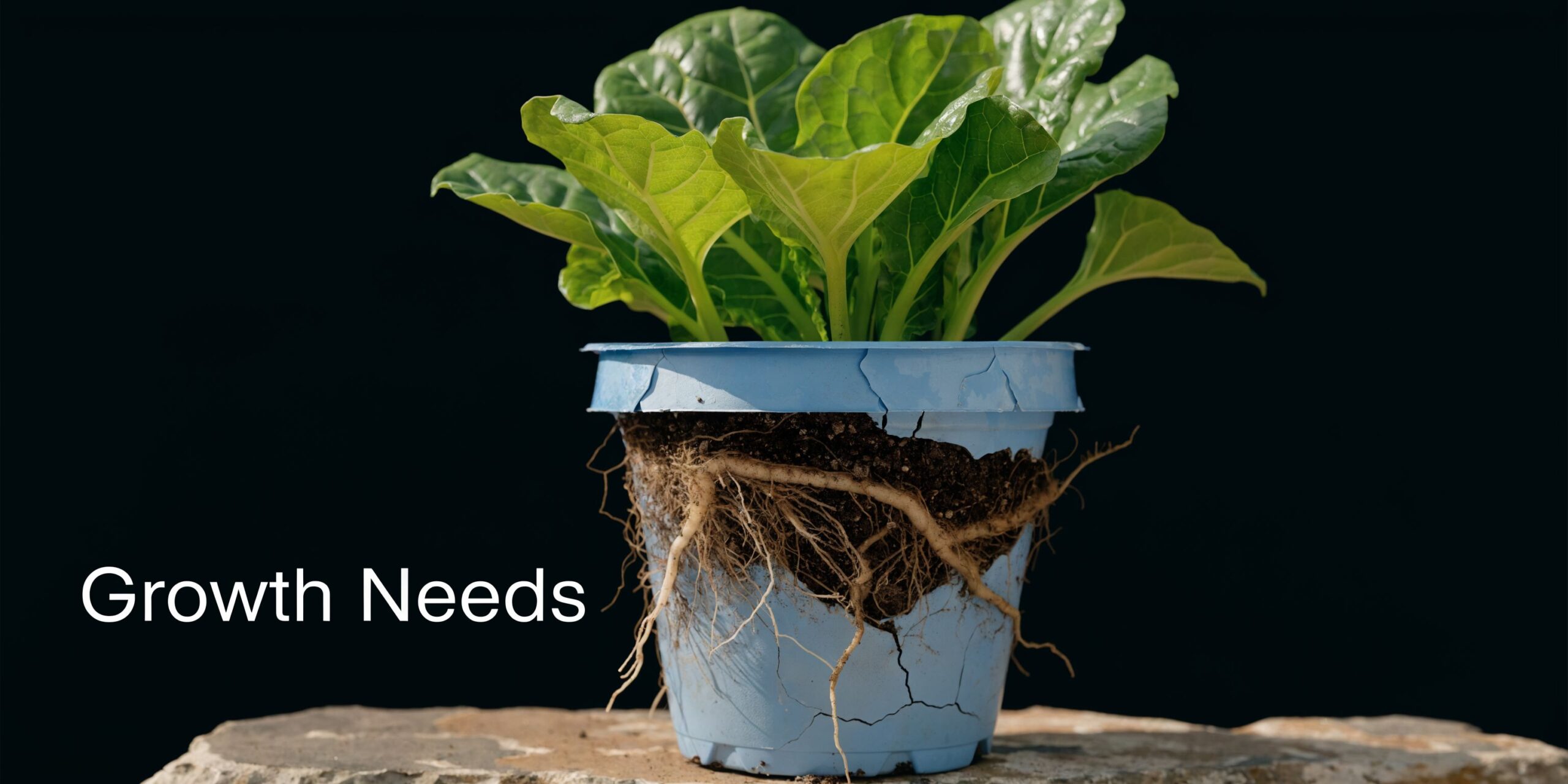 A leafy green plant in a cracked blue pot with roots growing out, representing growth needs