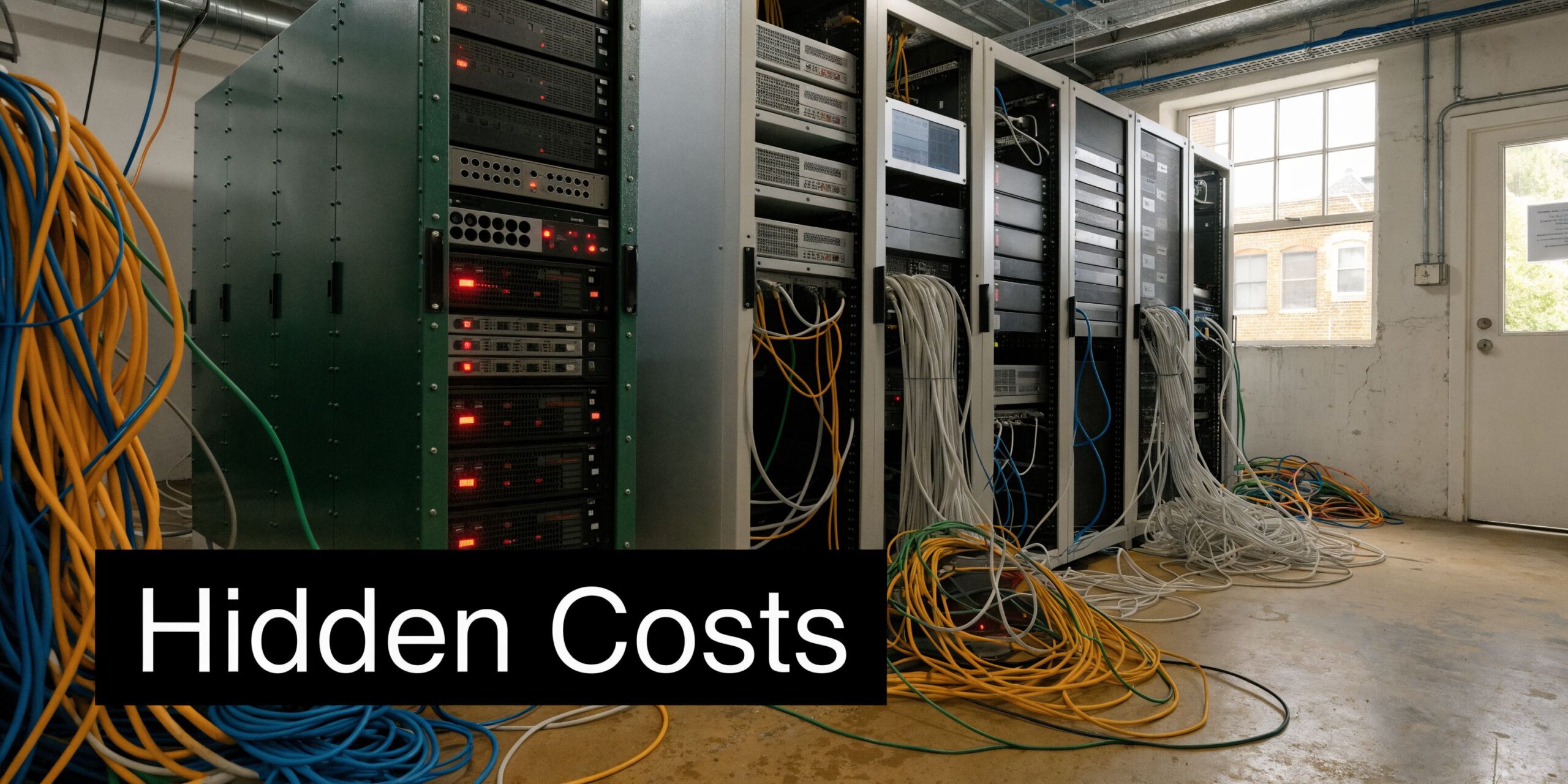 A server room with complex network cables and hardware racks, representing infrastructure investments and data center management.