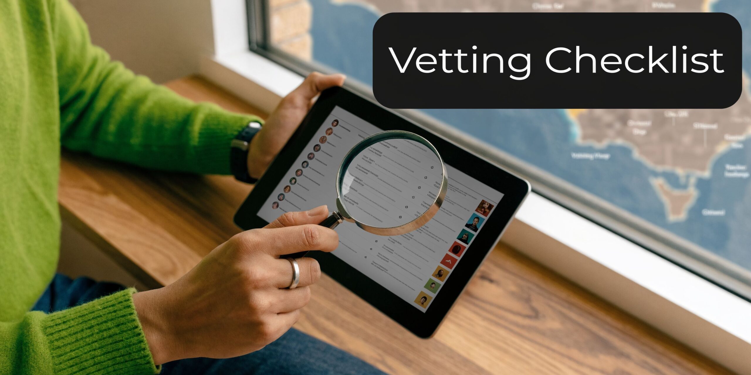 A person wearing a green sweater reviews a digital vetting checklist on a tablet using a magnifying glass.