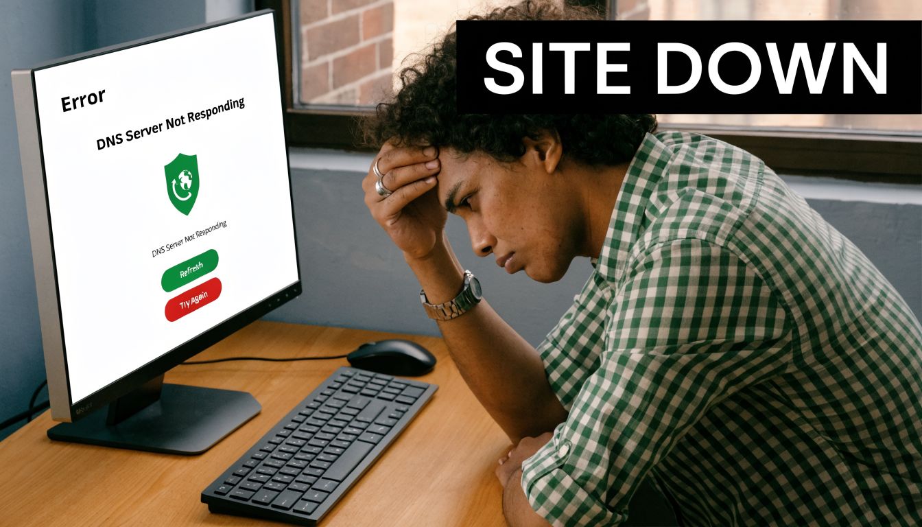 A frustrated man looking at a computer screen showing a DNS Server Not Responding error message.