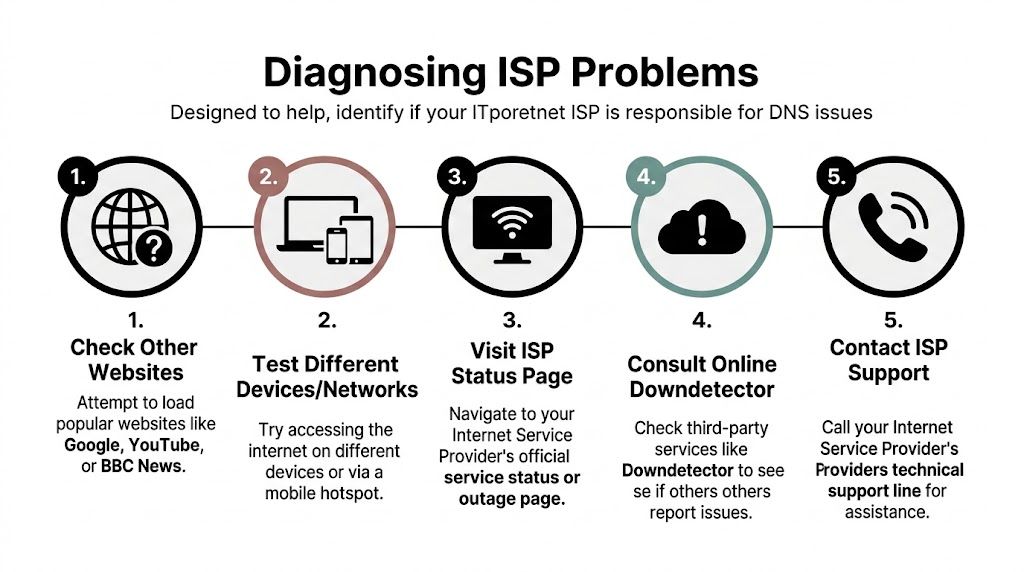 A five-step guide for diagnosing internet service provider connectivity and DNS issues on various devices.