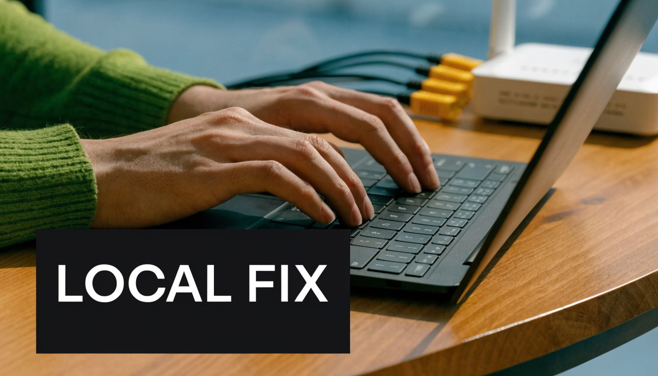 A person wearing a green sweater typing on a laptop with ethernet cables connected to a router.