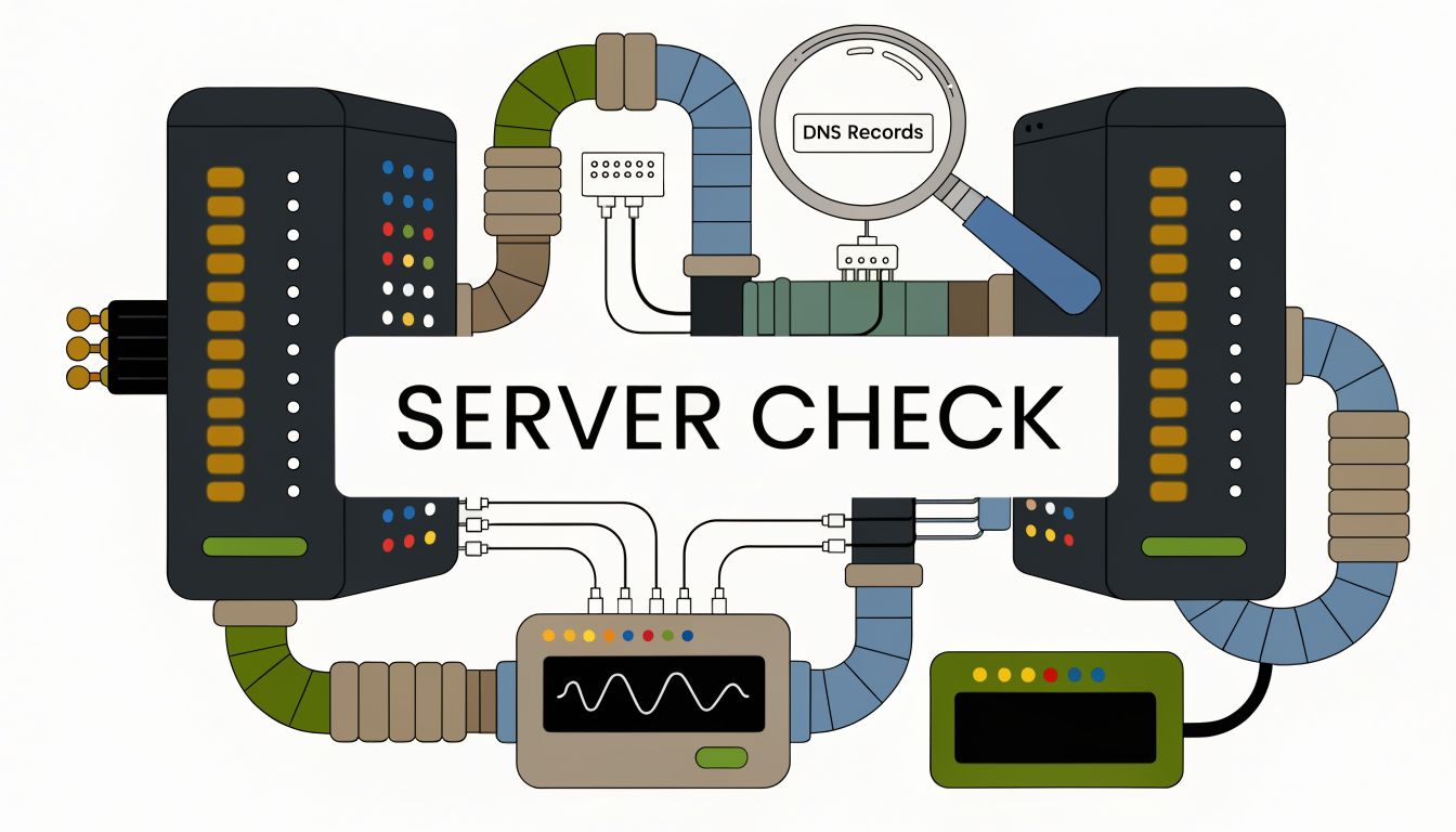 A digital illustration showing two servers connected by pipes and wires, featuring a magnifying glass checking DNS records.