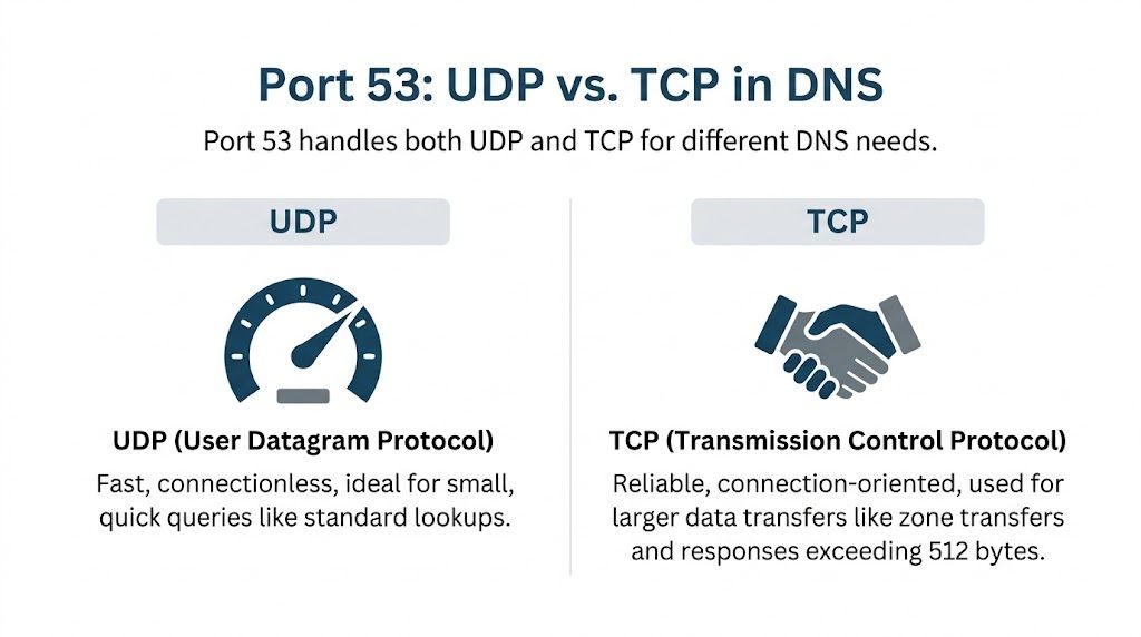 A comparison chart explaining the roles of UDP and TCP protocols over port 53 for DNS traffic.