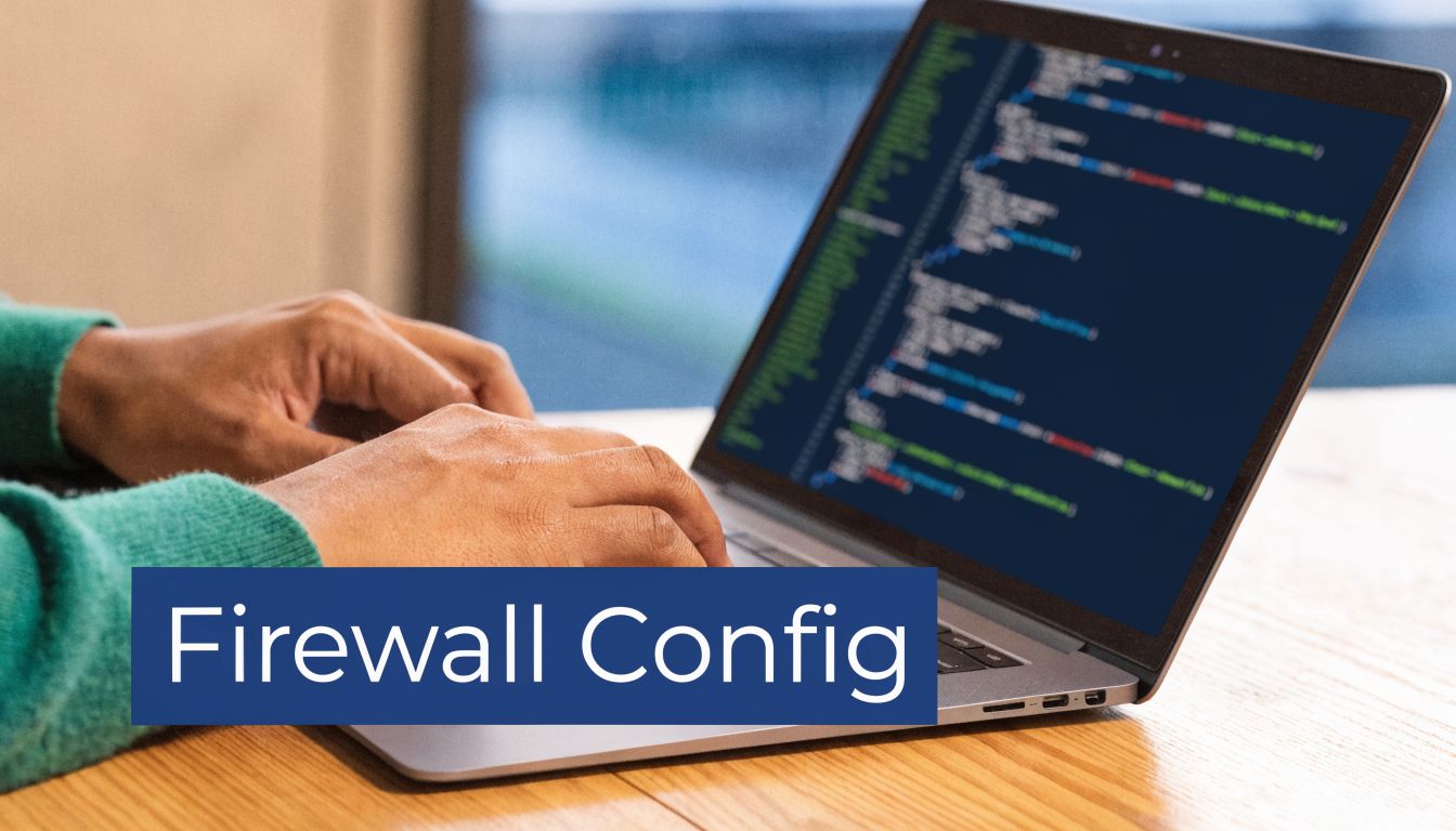 A person in a green sweater typing code on a laptop screen with the text Firewall Config.