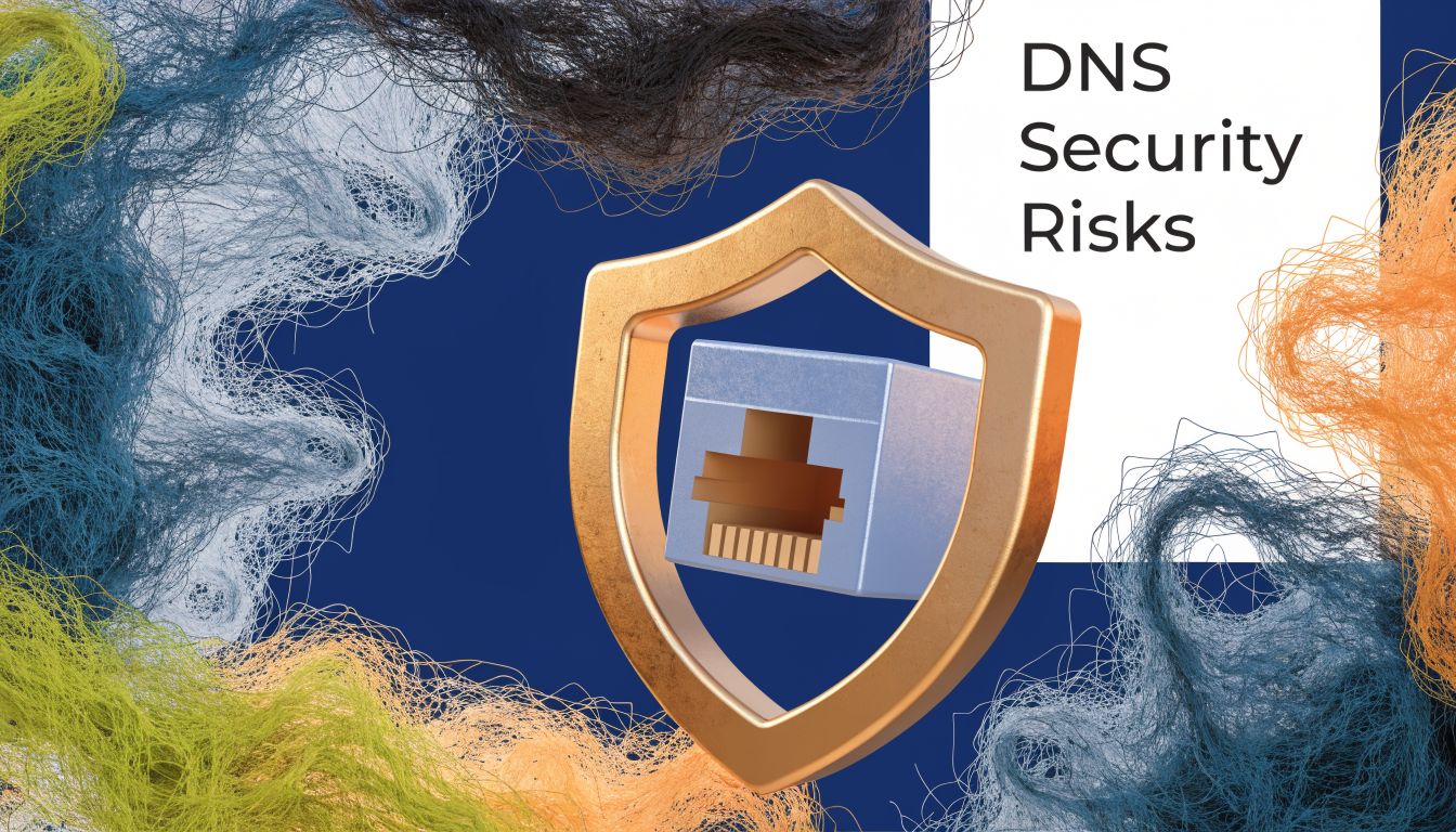 A 3D gold shield protecting a silver network port icon against a dark blue background with abstract threads.