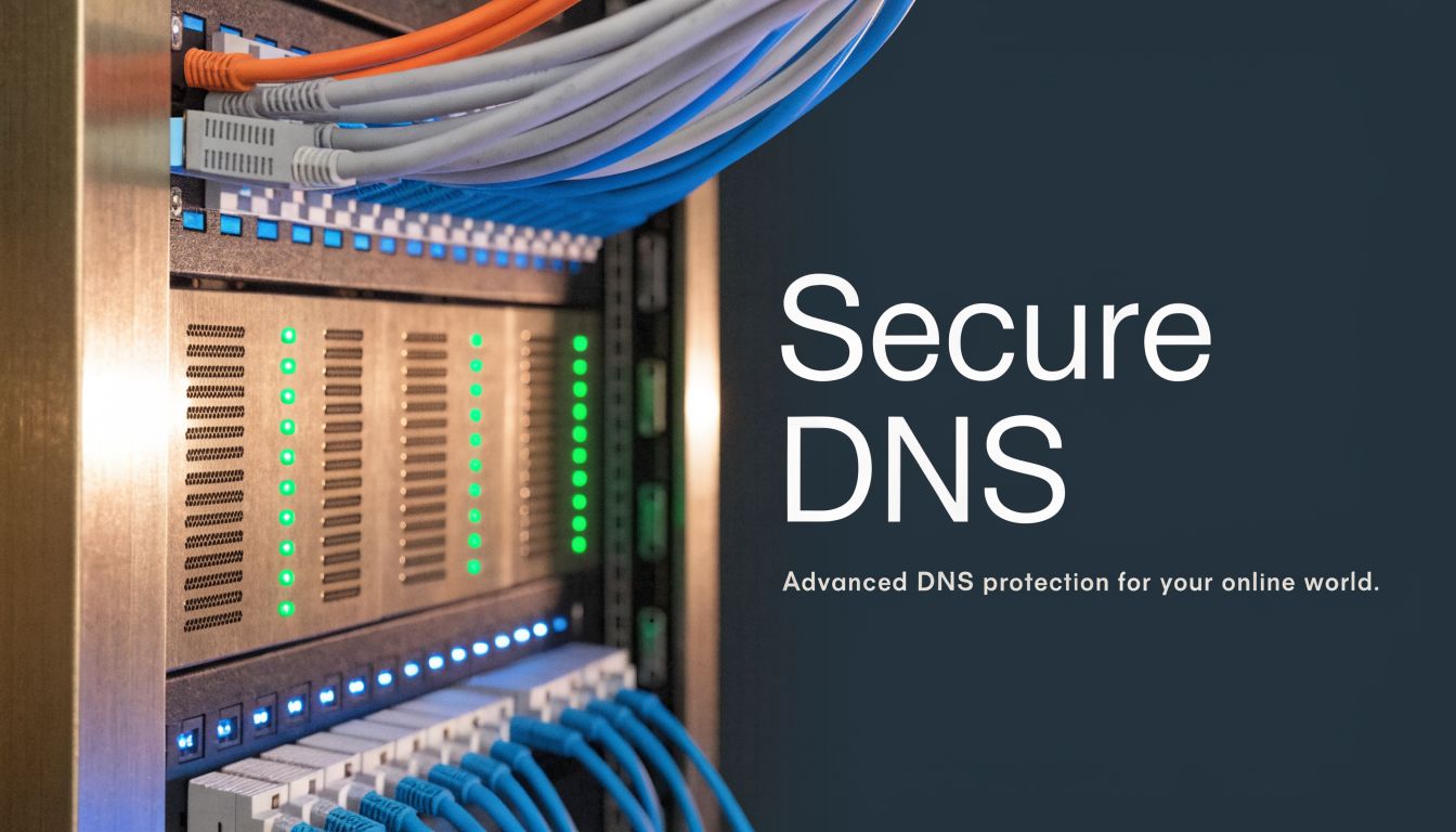 A server rack with glowing network status lights and multiple ethernet cables connected to a secure network.