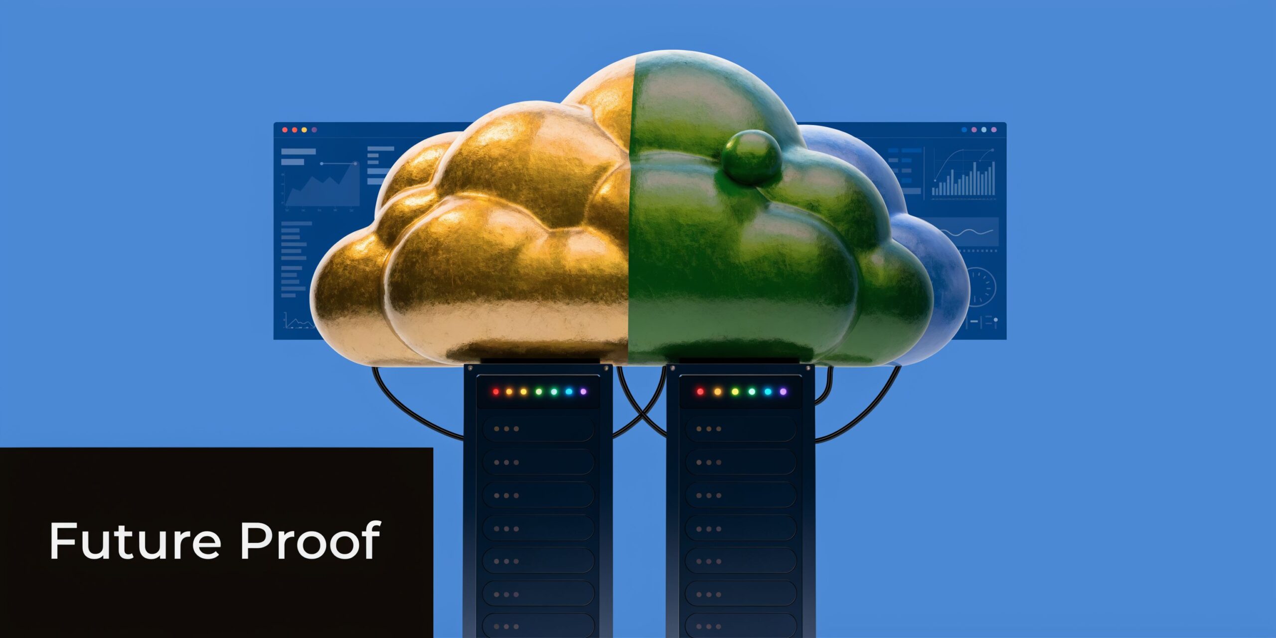 A 3D graphic showing a cloud connected to server towers with digital dashboard screens on blue background.