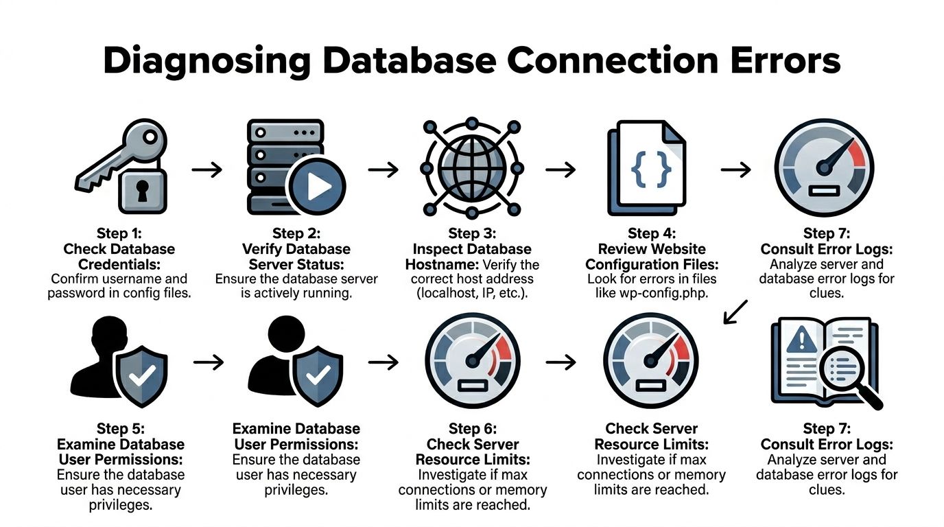 An infographic showing seven steps to diagnose and resolve database connection errors for a website.