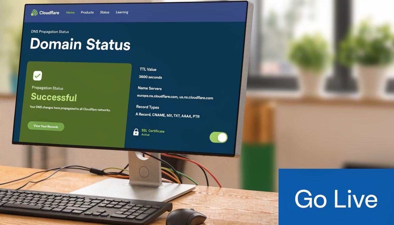 A computer monitor displaying a Cloudflare Domain Status dashboard confirming successful DNS propagation for a website.