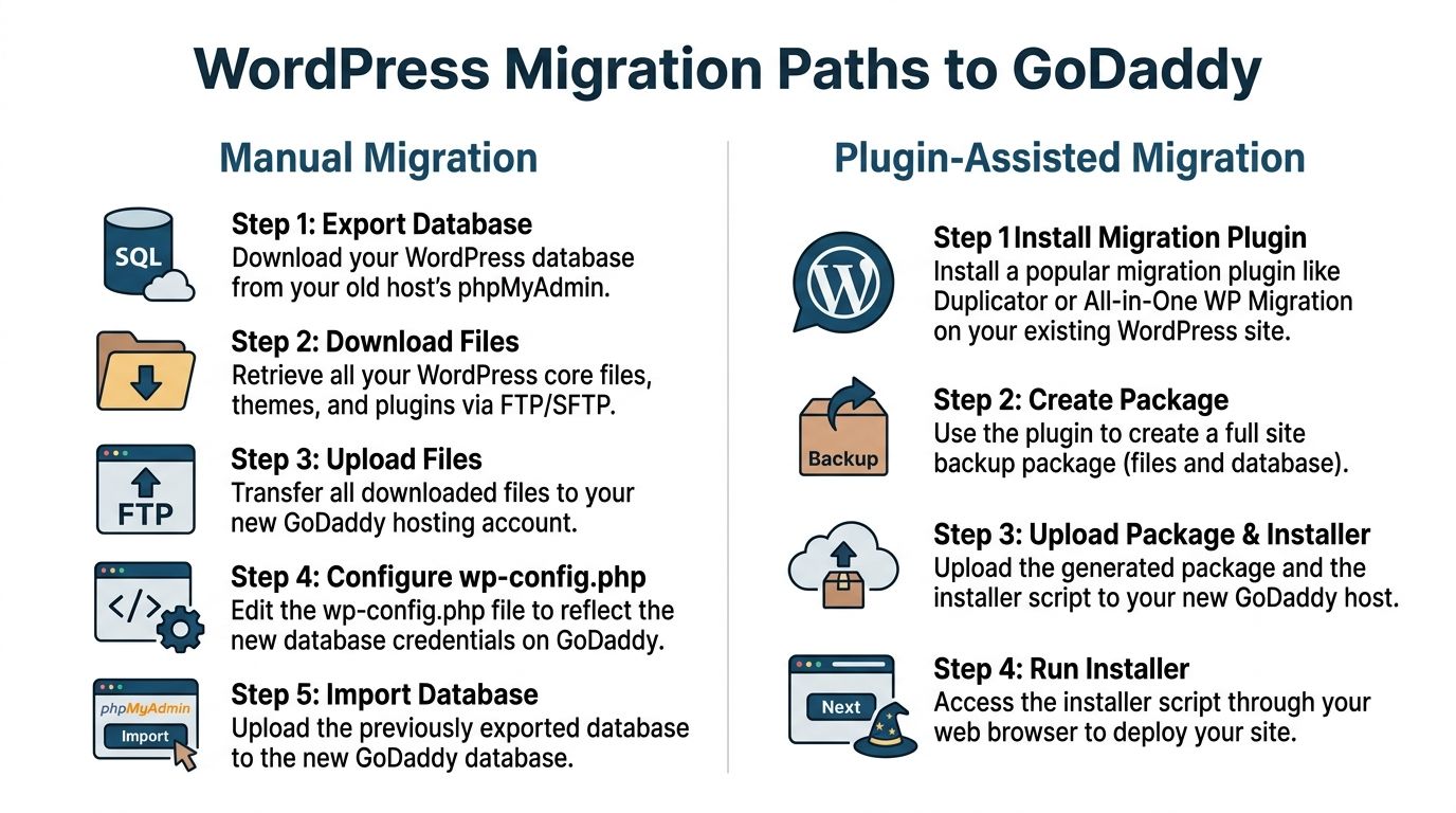 A visual guide comparing manual and plugin-assisted WordPress migration methods for moving sites to GoDaddy hosting.