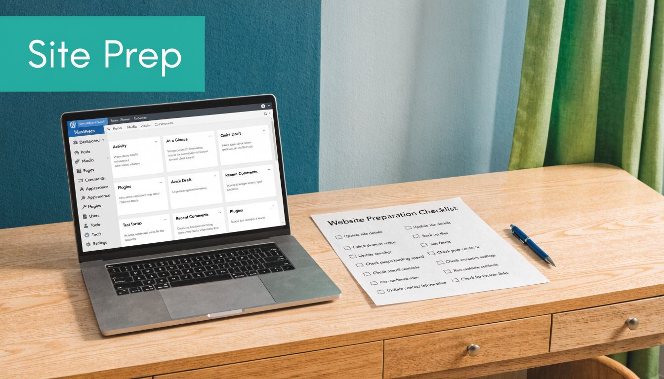 A modern desk with a laptop displaying a WordPress dashboard and a printed website preparation checklist.