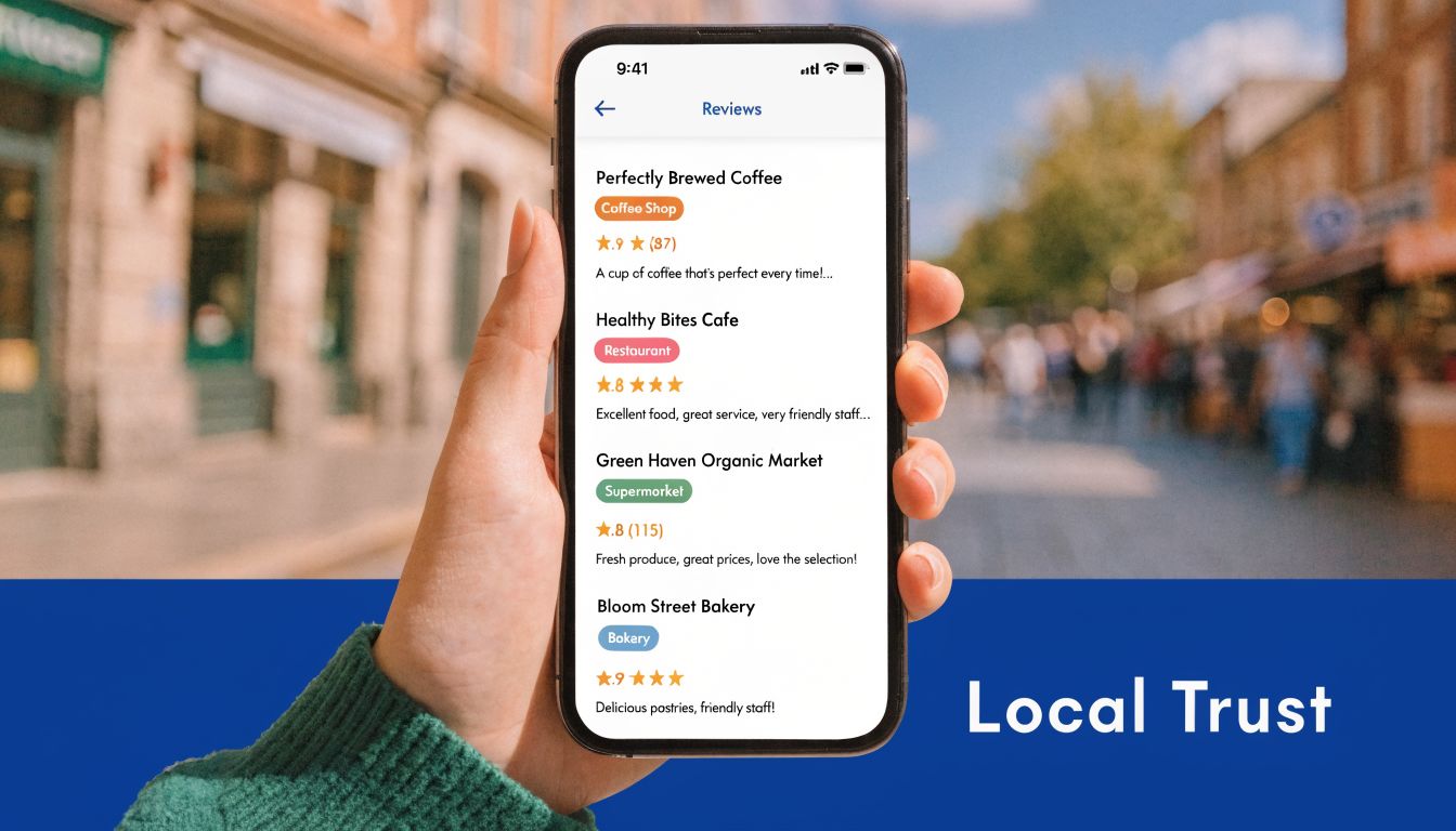A hand holding a smartphone displaying a list of local business reviews on a mobile app.