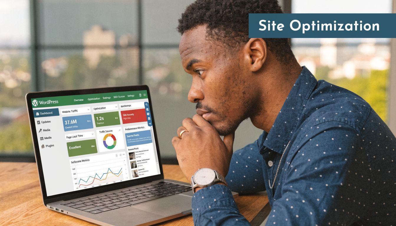 A young man looking at a WordPress optimization dashboard on a laptop computer in an office.