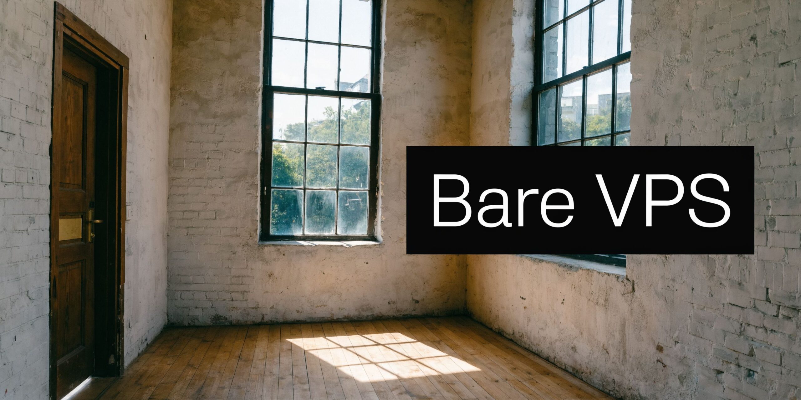 An empty room with white brick walls, a wooden door, and a large window casting sunlight.