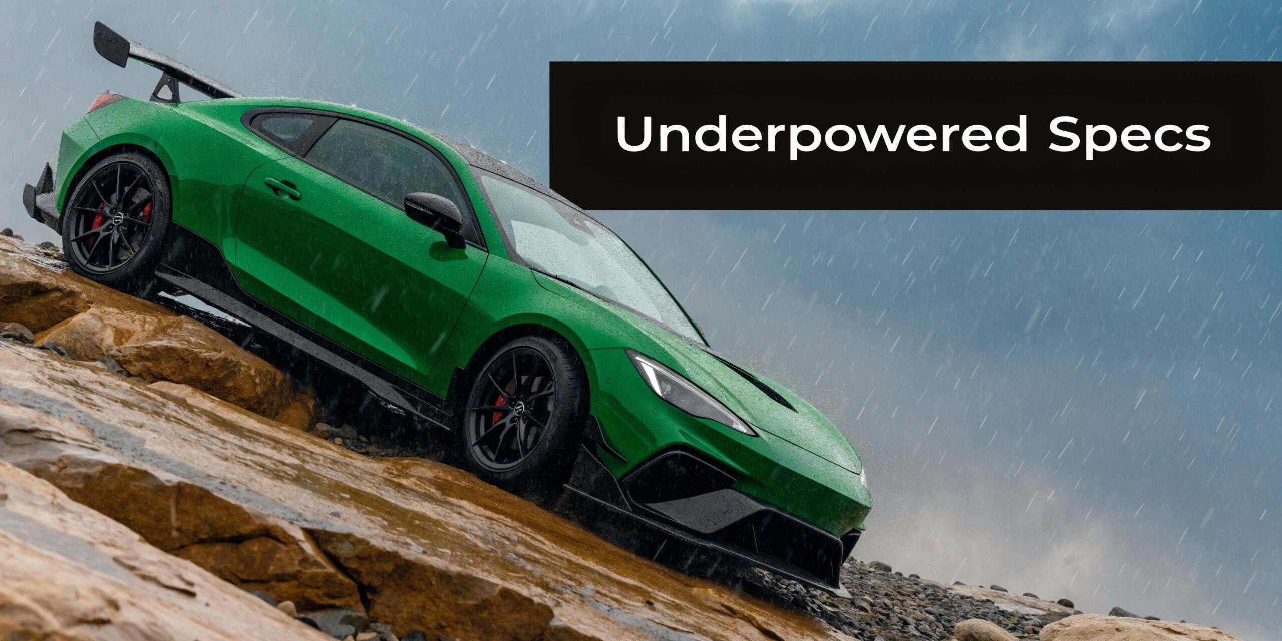 A vibrant green sports car parked on a rocky terrain during a rainstorm, with text overlay.