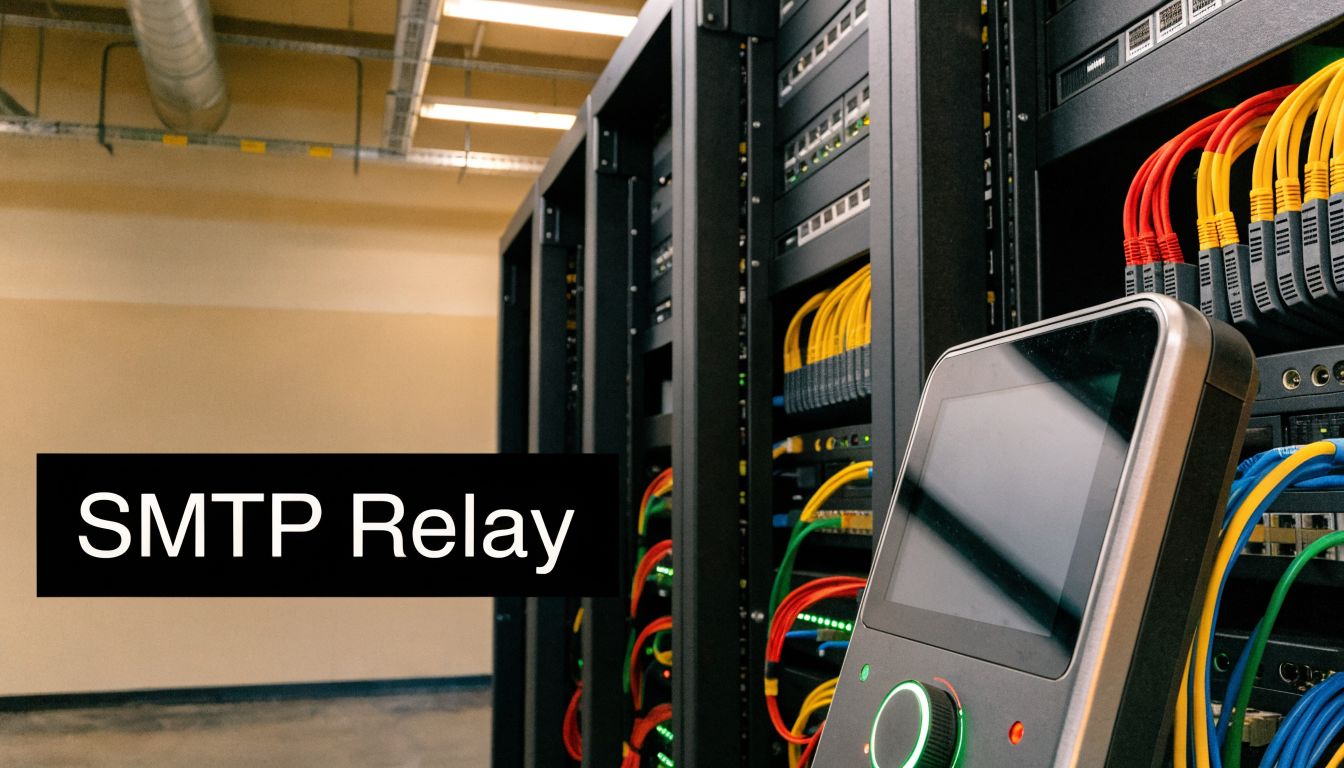 A server room with high-tech equipment, ethernet cables, and a digital monitor featuring SMTP Relay text.
