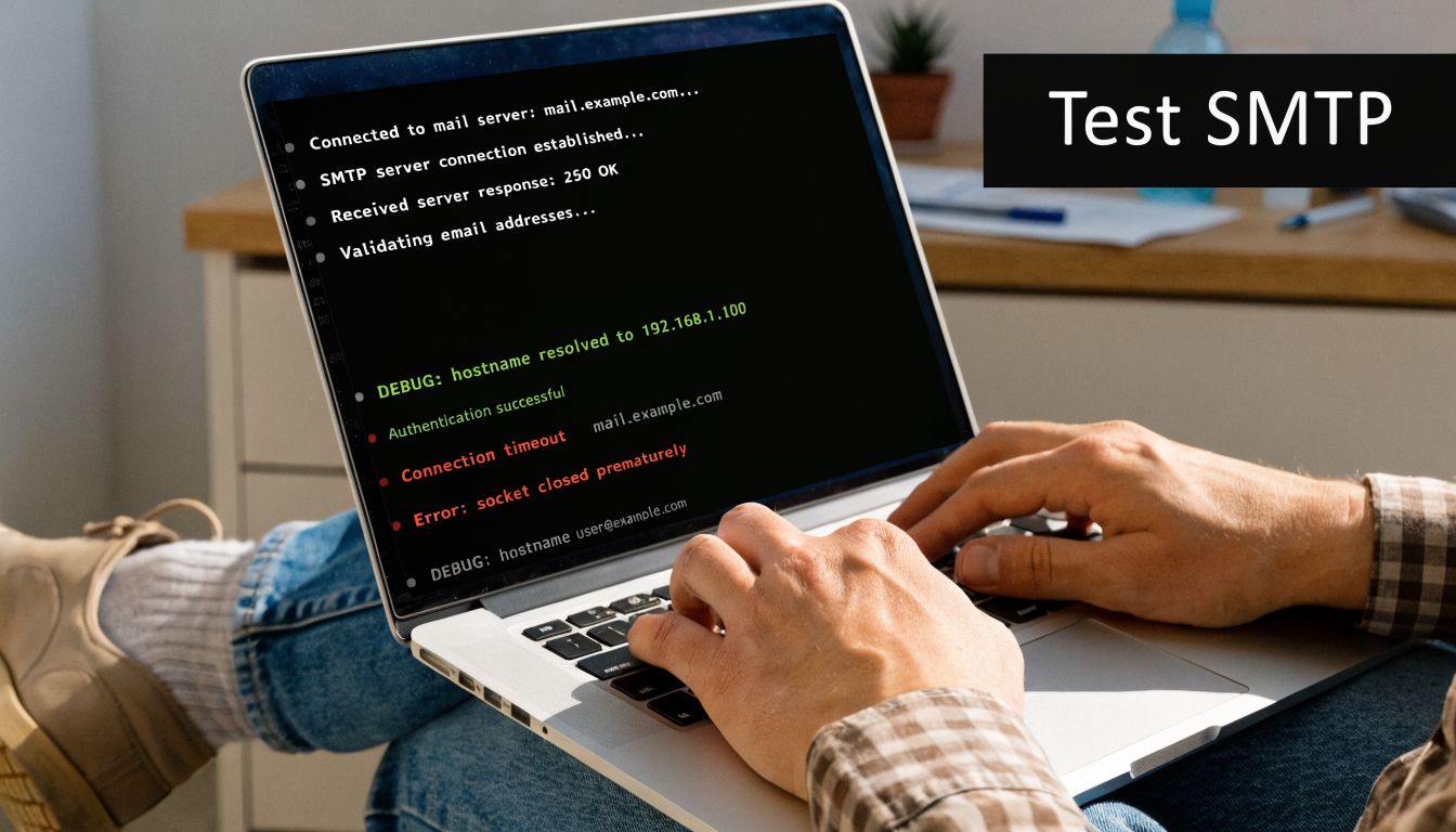 A person using a laptop to troubleshoot an email connection with error messages displayed on the screen.