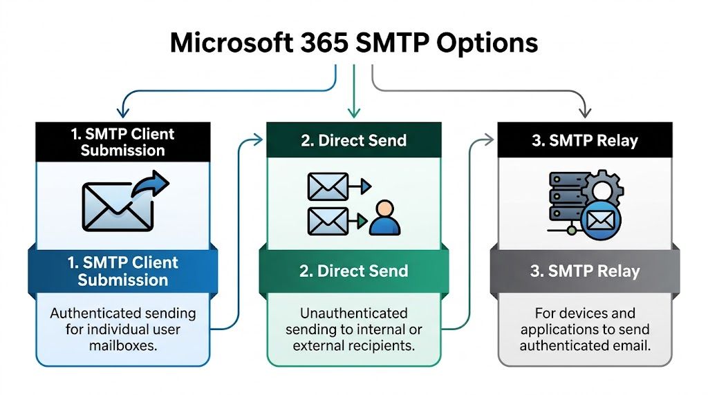 A diagram illustrating the three Microsoft 365 SMTP options for sending email: client submission, direct send, and SMTP relay.