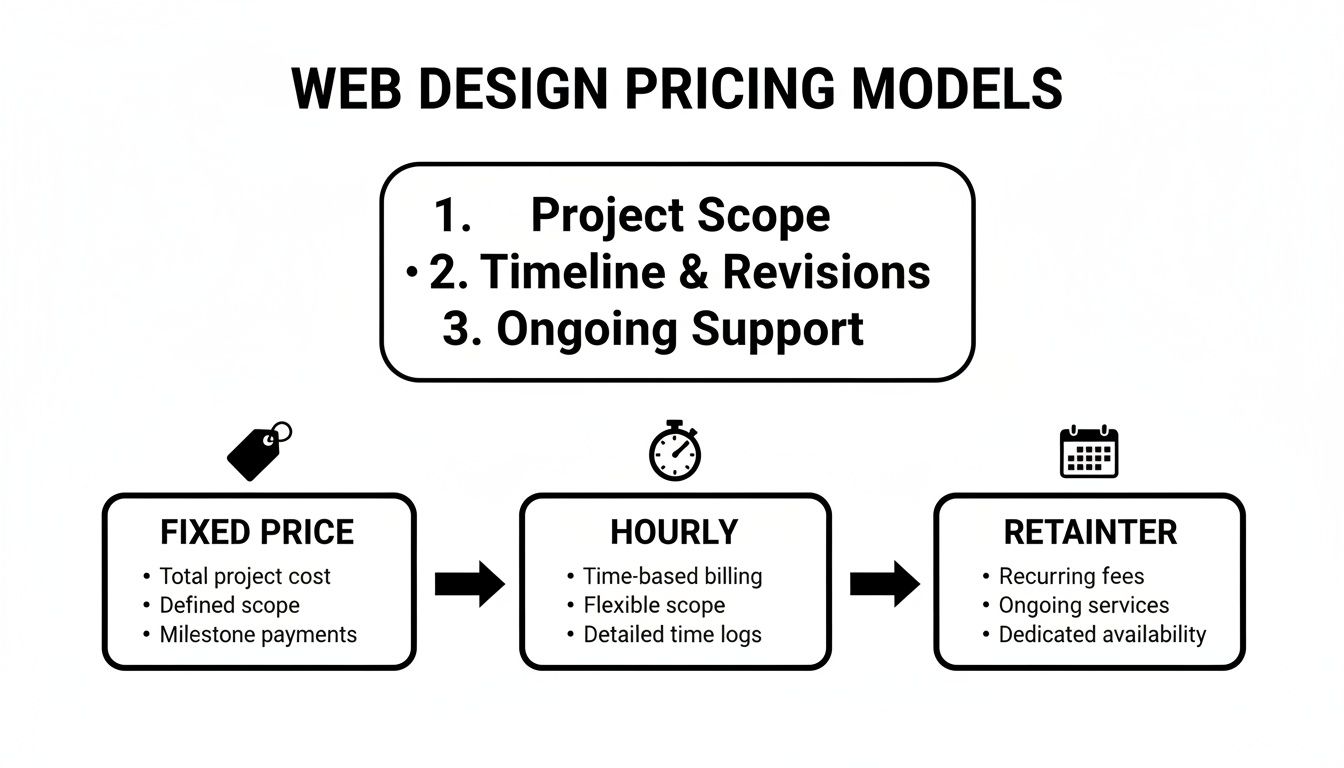 An infographic illustrating three web design pricing models: Fixed, Hourly, and Retainer, with key factors.