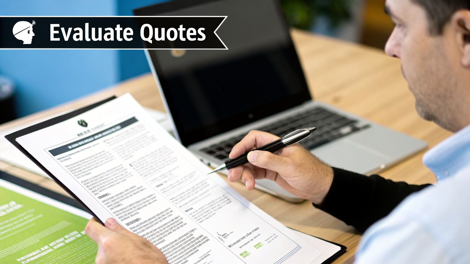 A professional man evaluating business quotes and documents with a pen at a desk.