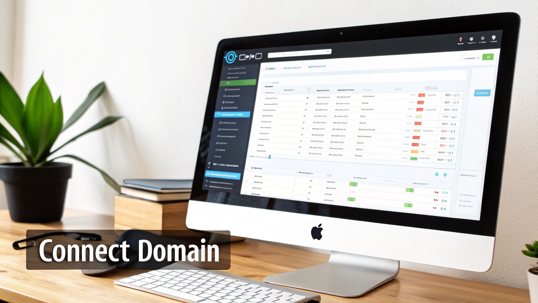 Modern office desk with an Apple iMac displaying a domain management dashboard, a green plant, and books.