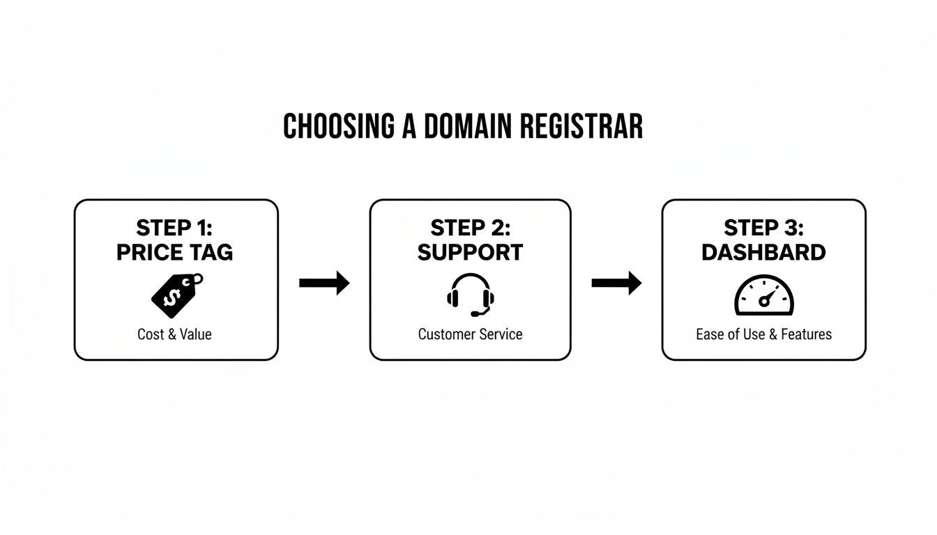 A flowchart outlining three crucial steps for choosing a domain registrar: price, support, and dashboard features.