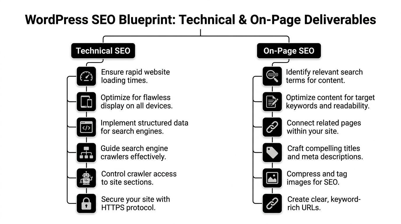 A diagram outlining the WordPress SEO blueprint, detailing essential technical and on-page optimization deliverable tasks.