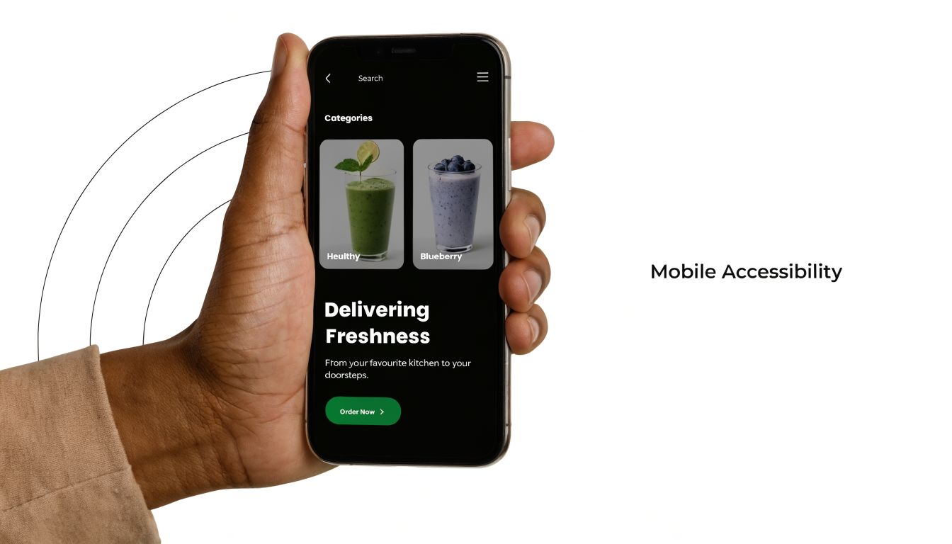 A hand holding a smartphone displaying a mobile app interface featuring food delivery category options.