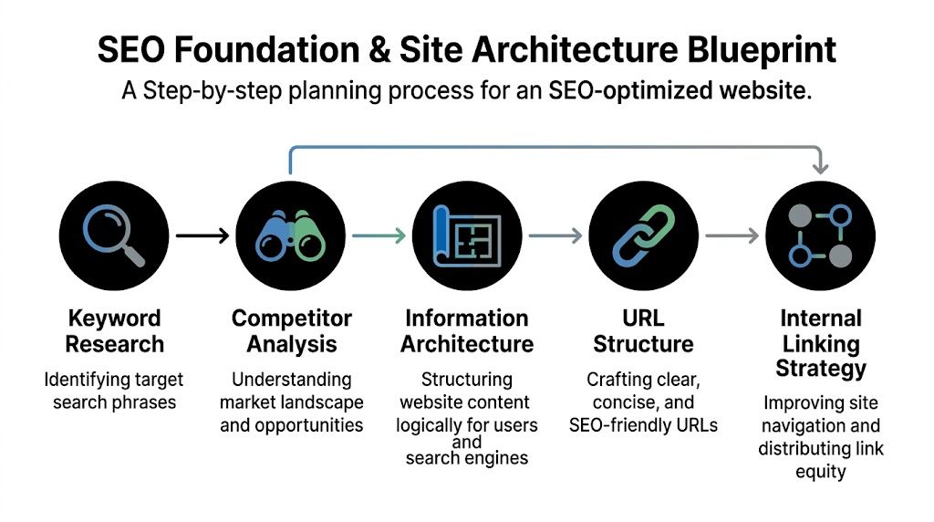A diagram outlining a step-by-step planning process for building an SEO-optimized website architecture and foundation.