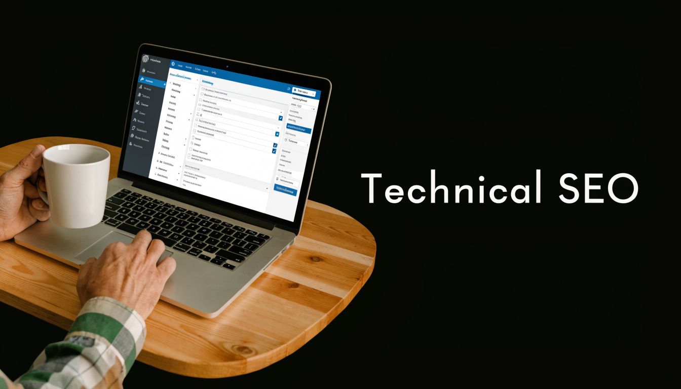 A person holding a coffee mug while working on a laptop displaying a website dashboard.