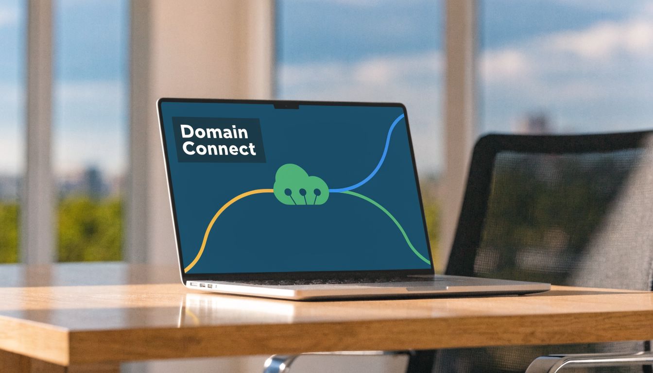 A laptop on a wooden desk displaying the Domain Connect logo in a bright modern office.