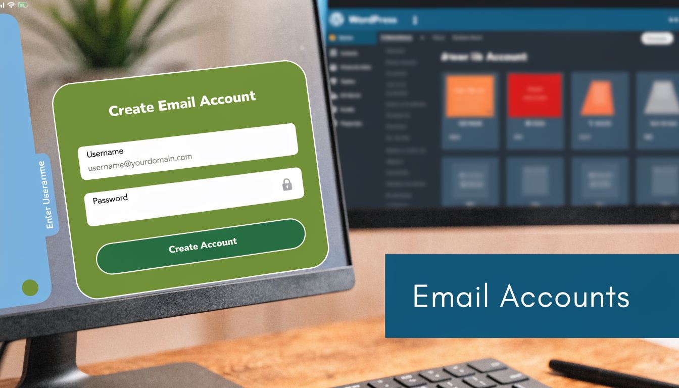 A digital screen displaying a Create Email Account form on a blurred office background.
