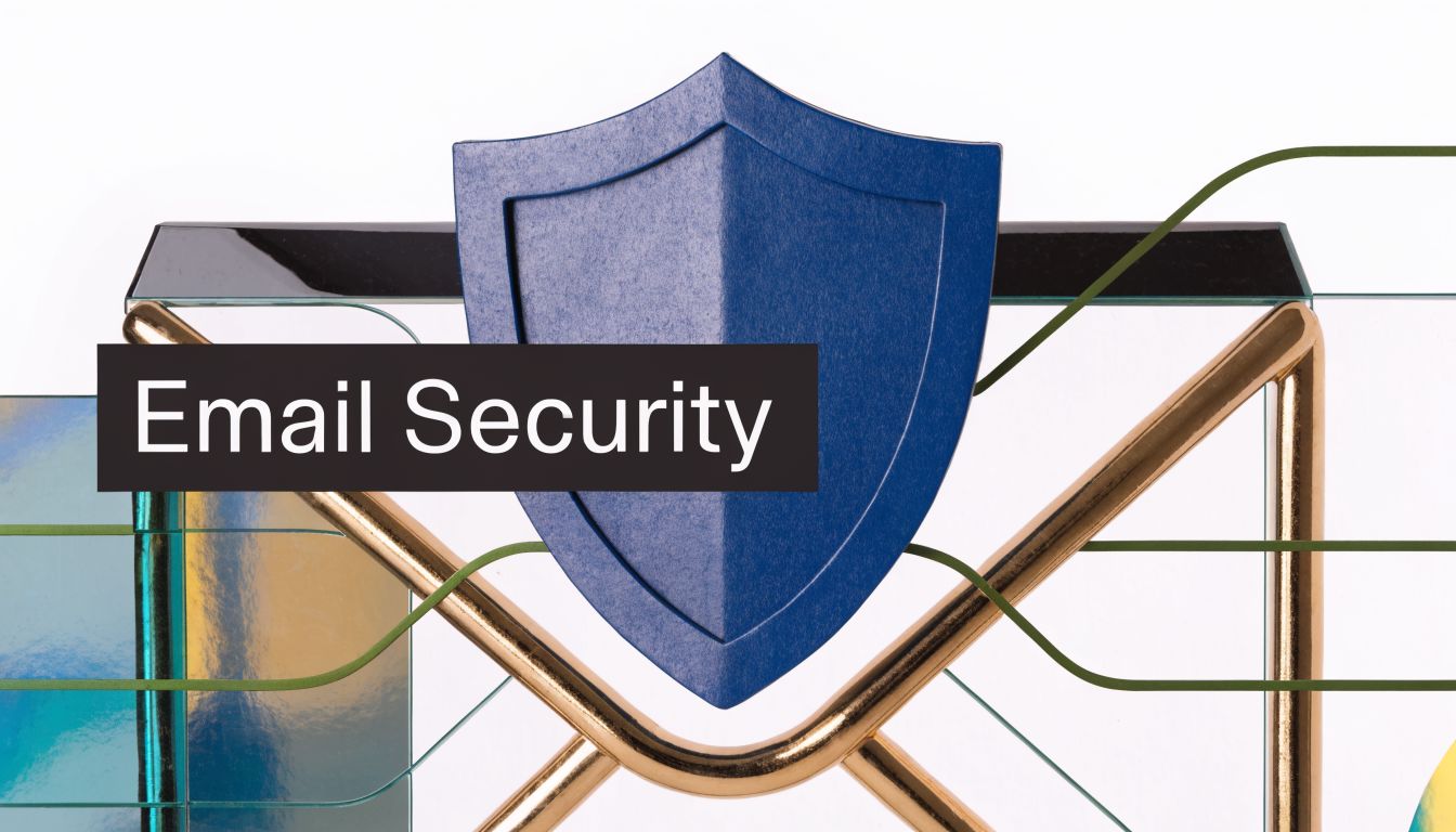 A digital graphic featuring a blue shield symbol overlaid on an abstract email icon for security concepts.