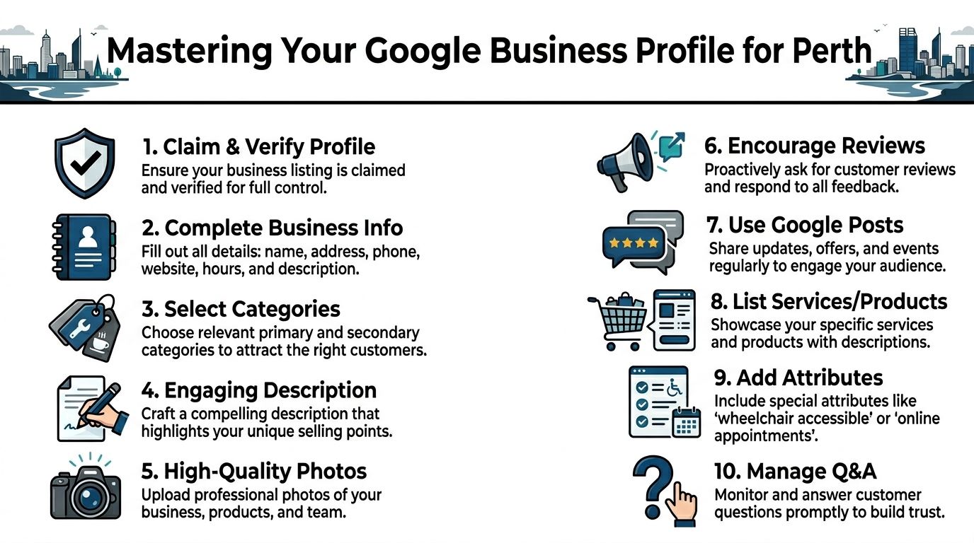 An infographic titled Mastering Your Google Business Profile for Perth, listing ten essential tips for business owners.