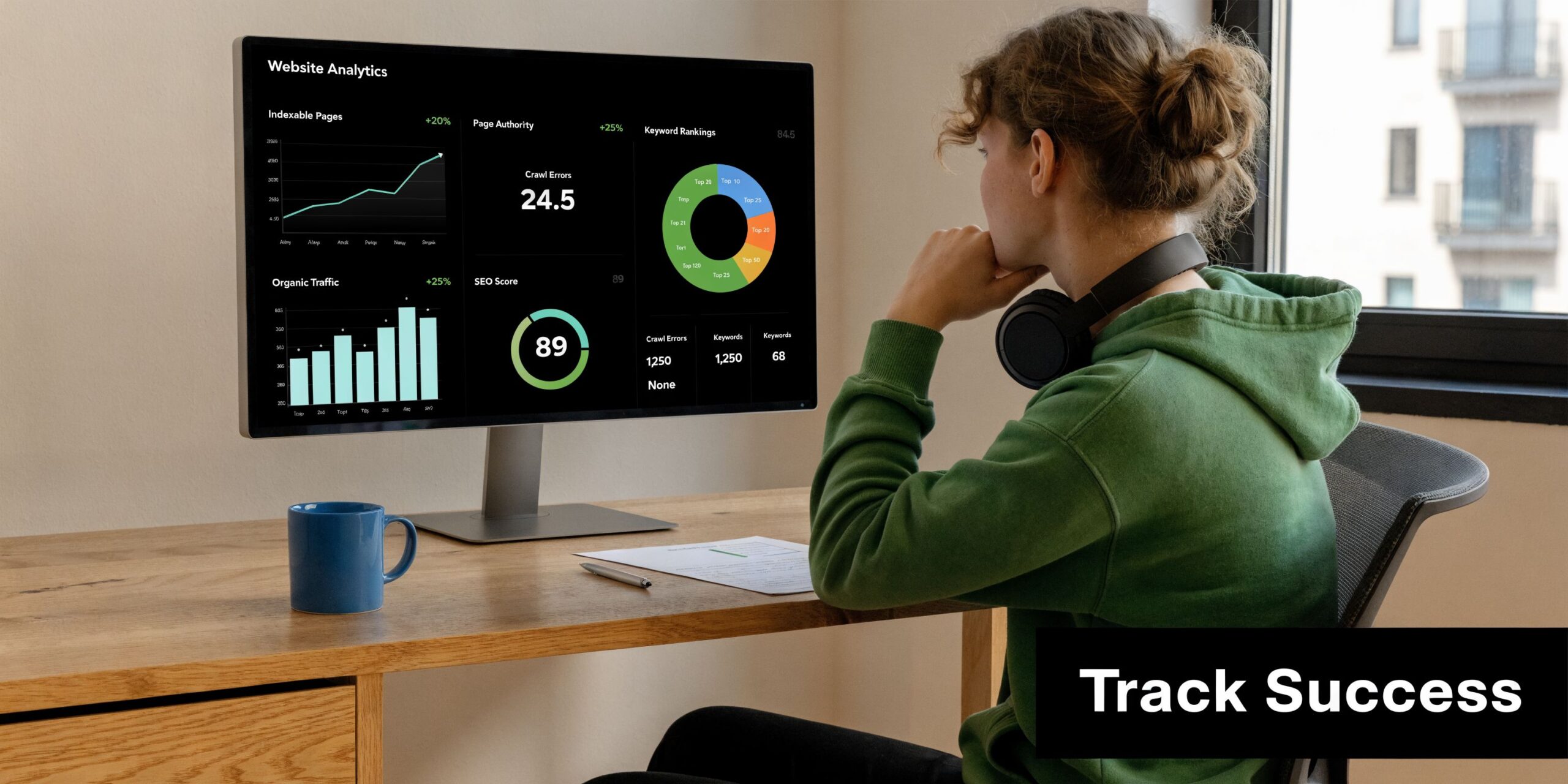 A person viewing professional website analytics and SEO performance data on a computer monitor while working remotely.