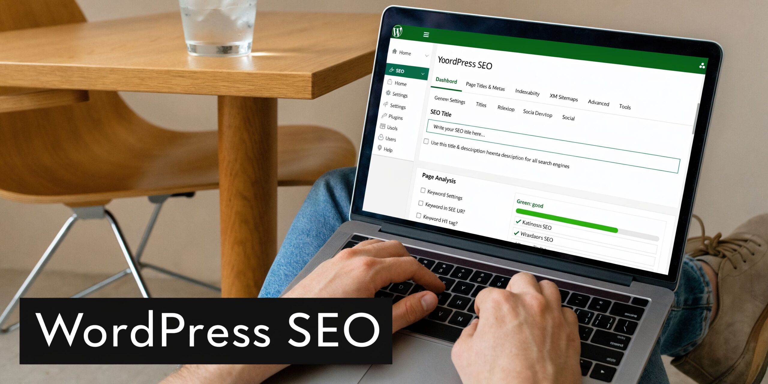 A person working on SEO settings for a website on a laptop screen in a modern workspace.