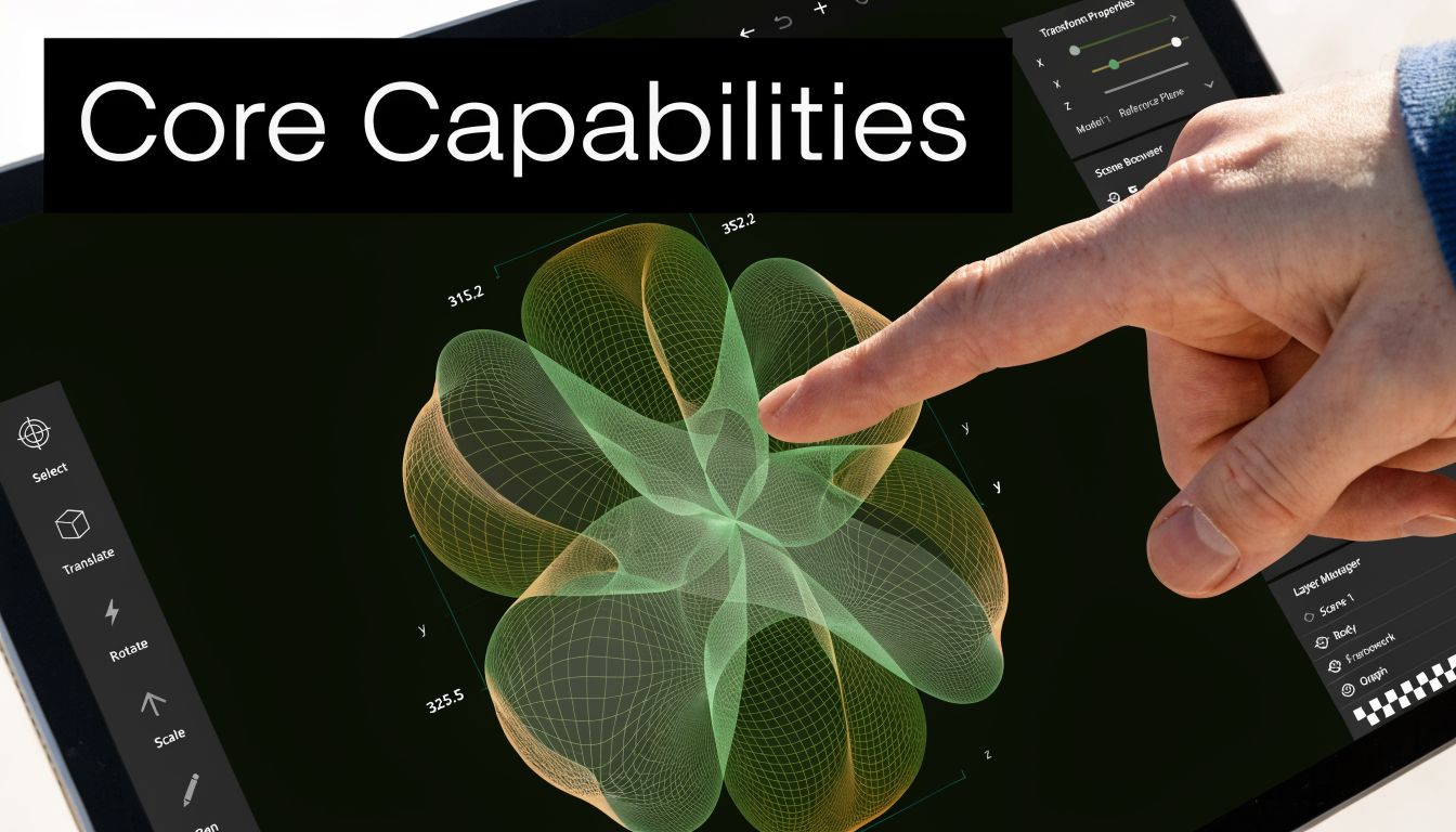 A hand using a finger to manipulate a complex 3D geometric design on a tablet screen.