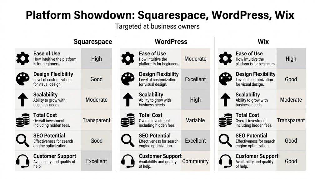 A comparison table for business owners evaluating the features of Squarespace, WordPress, and Wix website platforms.